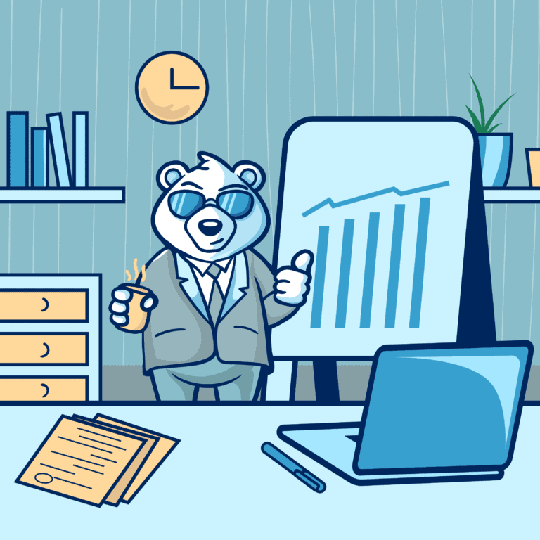 Bear in suit and sunglasses, holding coffee, thumbs-up by line graph on whiteboard in office.