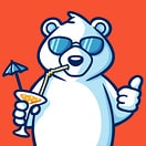 cartoon white bear in sunglasses with cocktail and thumbs-up against bright orange background